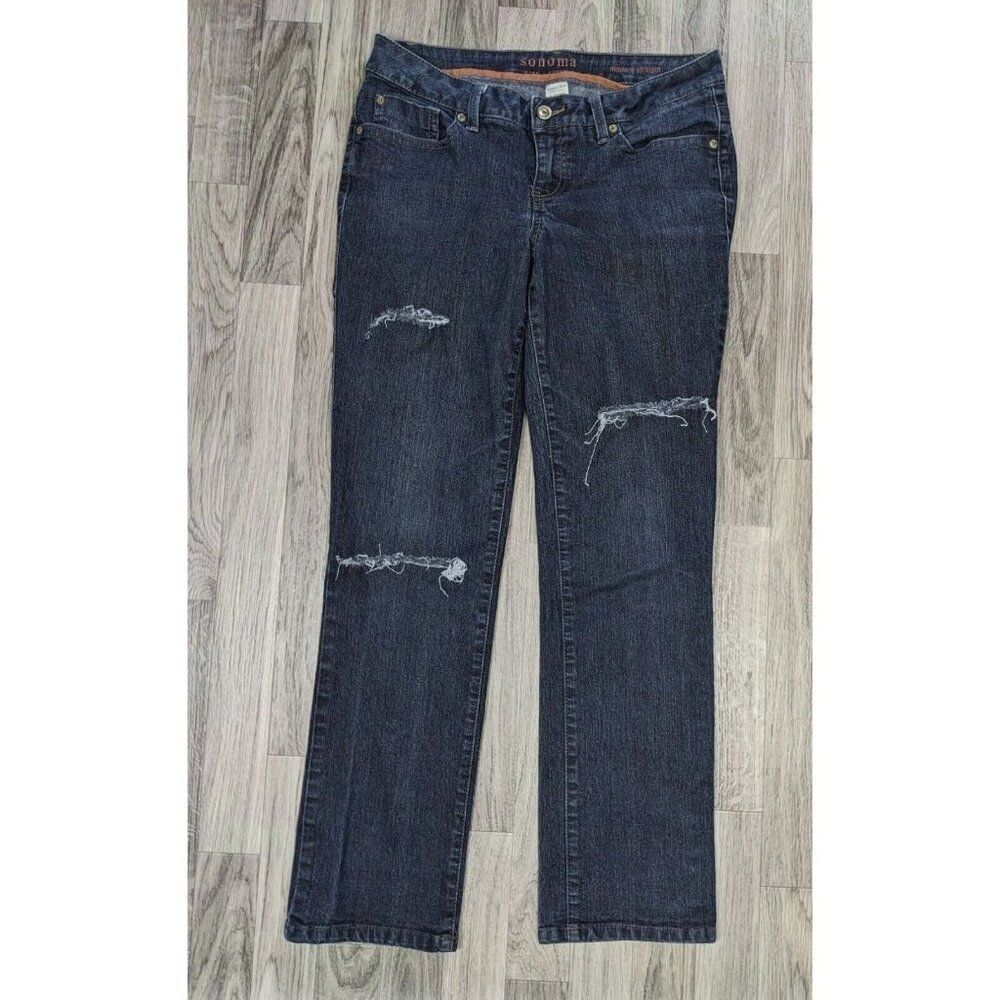 Sonoma Size 8 Short Modern Straight Distressed Embroidered Denim Jeans